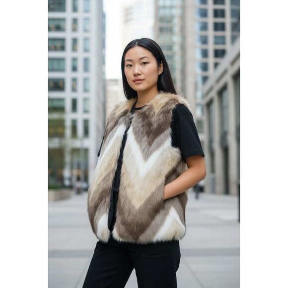 Skies Are Blue Womens M Faux Fur Chevron Vest Winter Coat Neutral Beige Brown - Picture 1 of 11